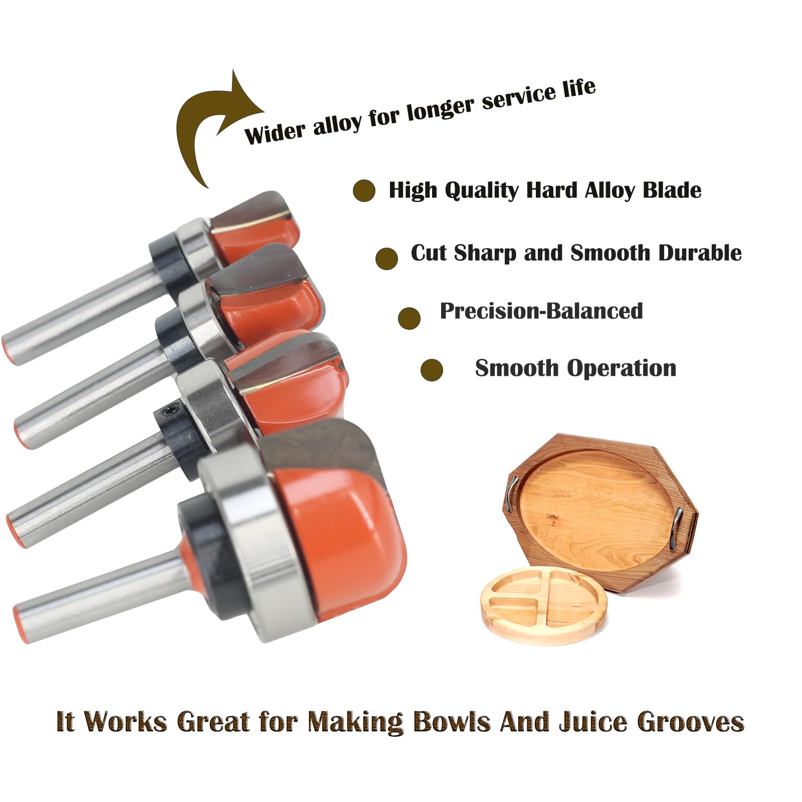 Sinoprotools 4PCS Bowl & Tray Template Router Bit Set 1/4 Inch Shank - Image 3