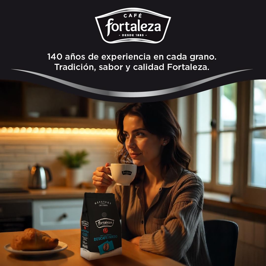 CAFÉ FORTALEZA Café en Grano Natural Descafeinado Pack 6x500g (3Kg) Compatible con Cafeteras Espresso y Superautomáticas - Café Grano Descafeinado Suave Con Variedad Arábica y Robusta