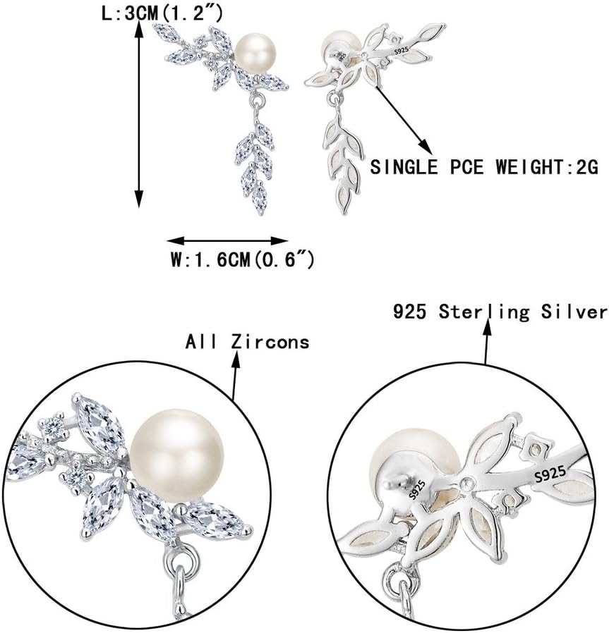 EVER FAITH 925 Sterling Silver CZ 4MM Cultured Pearl Leaf Ear Wrap Cuff Stud Post Crawler Climber Earrings