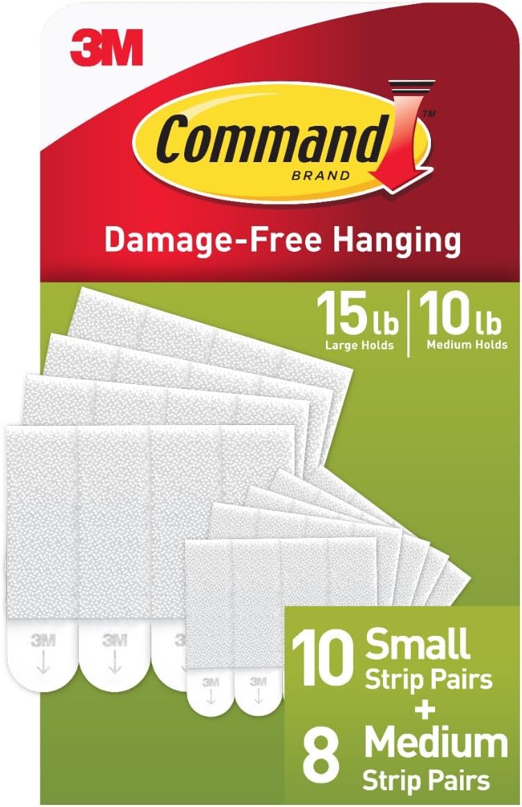 Command 10 lb & 5 lb Medium and Small 18 Pairs Picture Hanging Strips (36 Strips), Damage-Free Hangers for Picture Frames, No Tools Required, Great for Home Room Wall Decor, White Adhesive