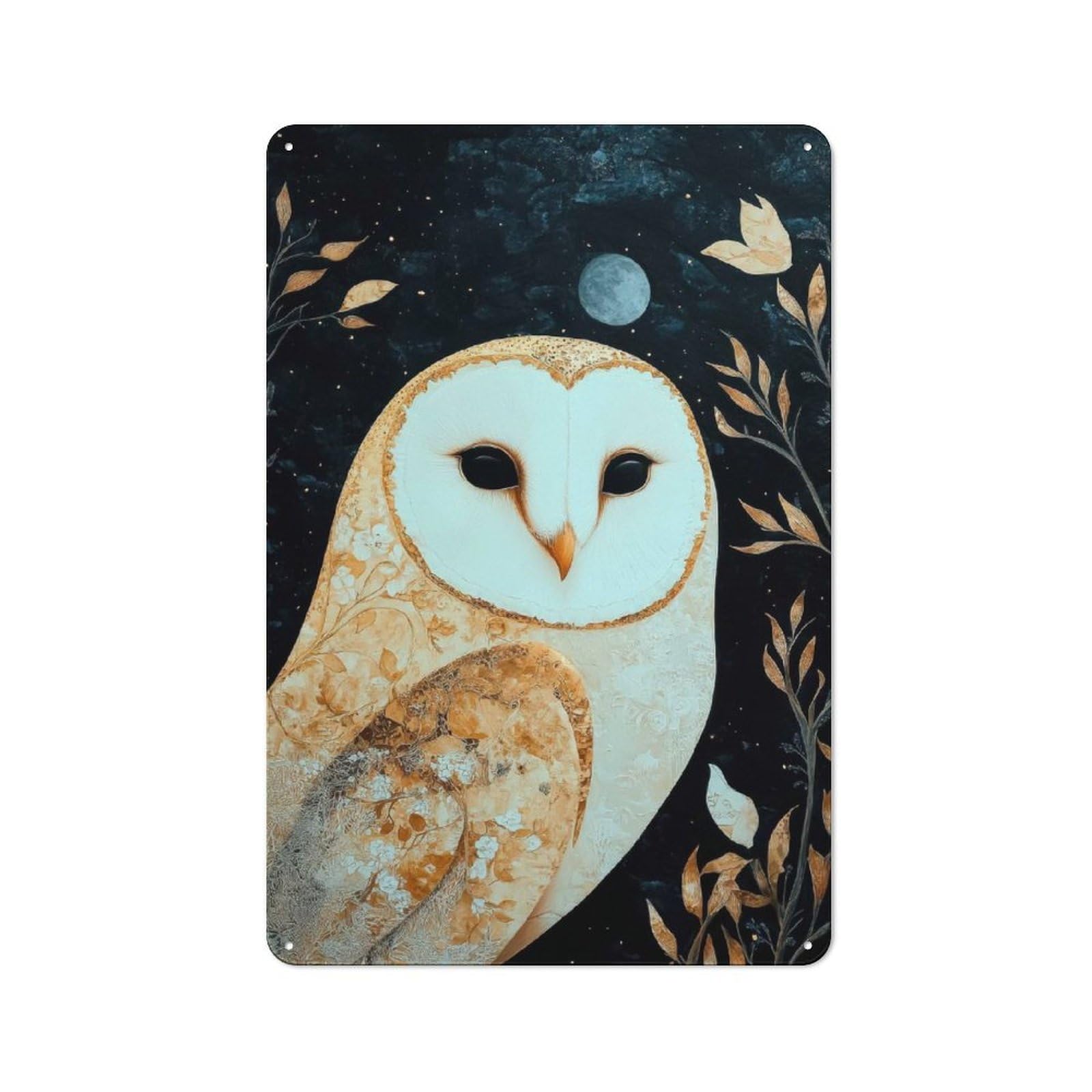 Floral Owl Under Moonlight Workshop Style Metal Wall Decor 30x20cm, Decorative Metal Plaque for Garage, Workshop, Shed Or Utility Room