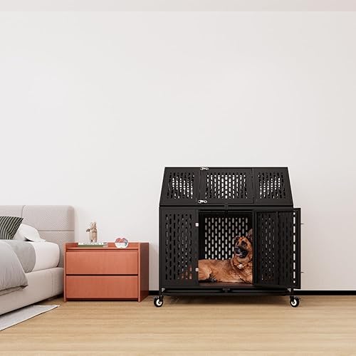 Miniatura 4 de Jaula de acero indestructible de 44 pulgadas para perros, a prueba de escape, para interiores, doble puerta, a prueba de mordidas, alta ansiedad con