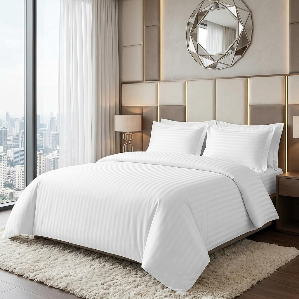 M&J Home 3 Piece Microfibre Satin Stripe White Double Duvet Cover Set Microfibre - Includes Duvet Cover & Pillowcase(s) โ image 1