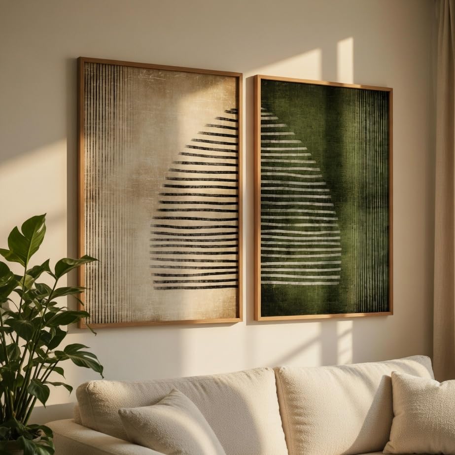 Image of Livin'luxe Modern Abstract Geometric Wall Painting Set of 2 with Wooden color Frames | Minimalist Line Art HD Sparkle Laminated MDF Wall Decor | Contemporary Abstract Wall Art for Living Room Bedroom