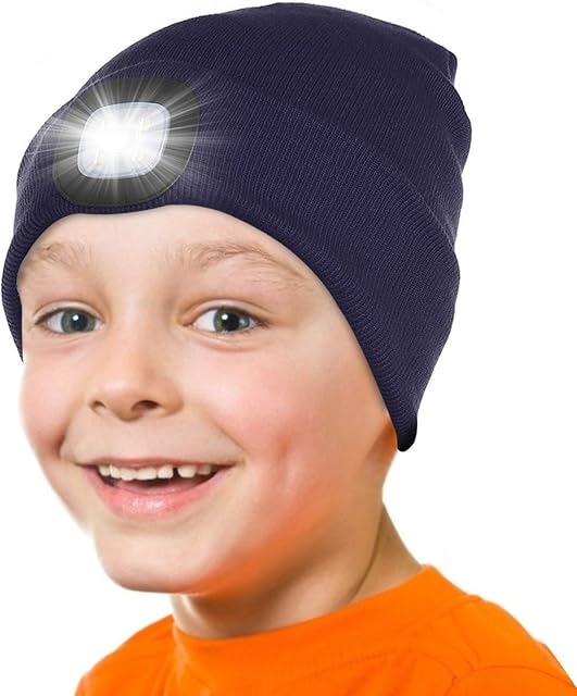 Attikee LED Lighted Beanie Cap for Kids, Rechargeable 4 LED Headlamp Hat, Knitted Winter Hat with Torch for Cycling Running Camping Night Walking, Christmas Novelty Gifts for Boys Girls Kids Children