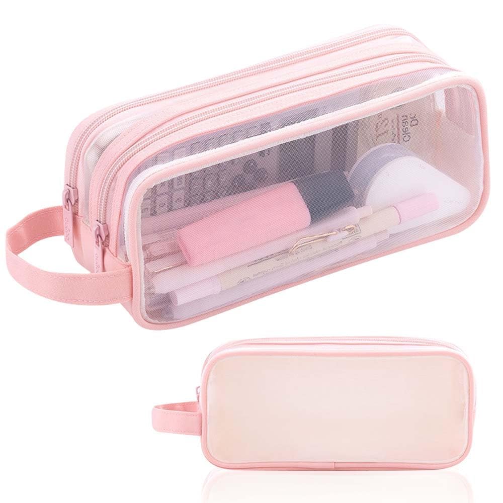 RIMIRICO Clear Pencil Case, Big Capacity Grid Mesh Pencil Case, 2 Compartments Aesthetic Pencil Pouch for Girls Boys Secondary School, Large Stationery Organiser for Kids Teenager (Pink)