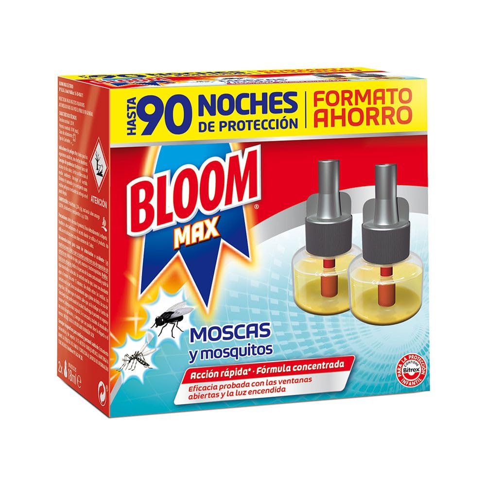 Bloom Max Eléctrico Líquido Recambio Doble (pack de 2), insecticida para mosquitos común y tigre, antimosquitos 90 noches de protección (El empaque puede variar)