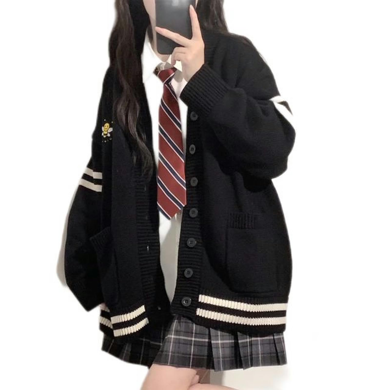 Korean Style Black Cardigan for Women Japanese Style Harajuku Fashion Knitted Autumn Sweater College Style Striped Sweater Large Size-Black-XL