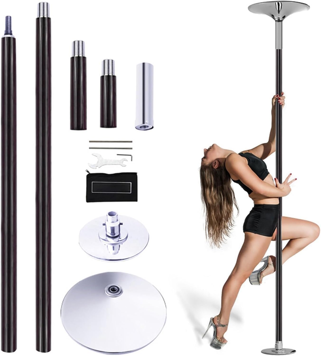 Black Silicone-Encased Chrome Tension-Mount Pole for Home Use, Drill-Free Floor-to-Ceiling Adjustable 2.2–2.7m, Lockable Static & 360° Spin Modes, Portable for Dance, Yoga, Ballet & Strength