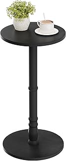 Round Side Table, Solid Wood Pillar with Wood Top & Base, Small Drink Accent Table for Living Room, Bedroom, Sofa & Office, Easy Assembly, Black