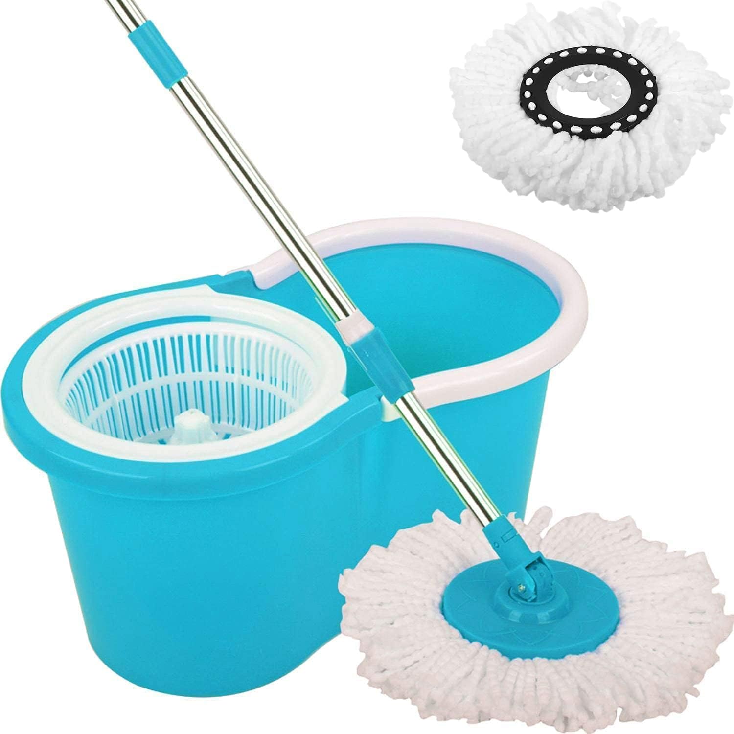 Cleano Easy Spin Mop and Bucket Set, 360 Degree Spinning Bucket, Extended Press Stainless Steel Handle for Home Kitchen Floor Cleaning, With 1 Free Head, Color Blue