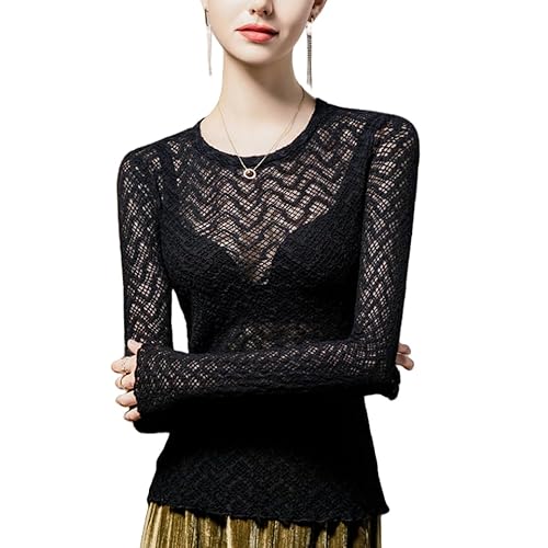 Image of Women Lace Top Mesh Sheer Shirt Long Sleeve Crewneck Elegant Argyle Print Blouse Shirt Sexy Basic Under Shirt (Black,X-Large)