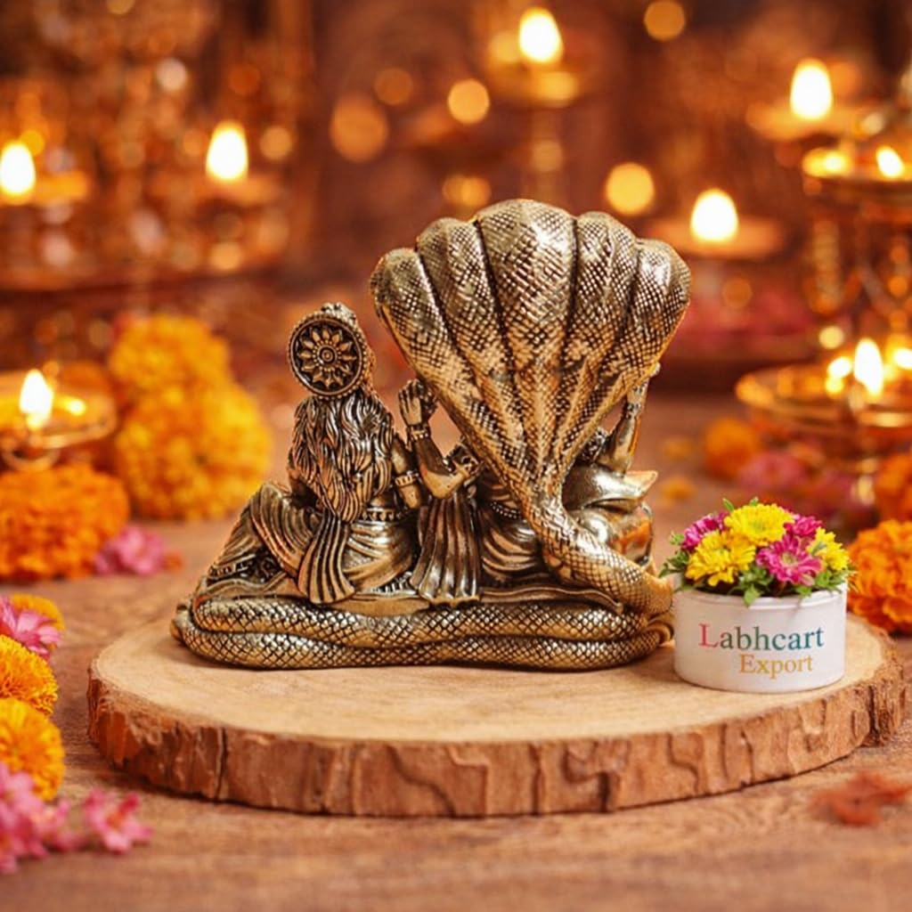 Brass Lakshmi Vishnu Idol God Goddess Statues Religious Deity Laxmi Vishnu Resting On Sheshnaag 4 Inches