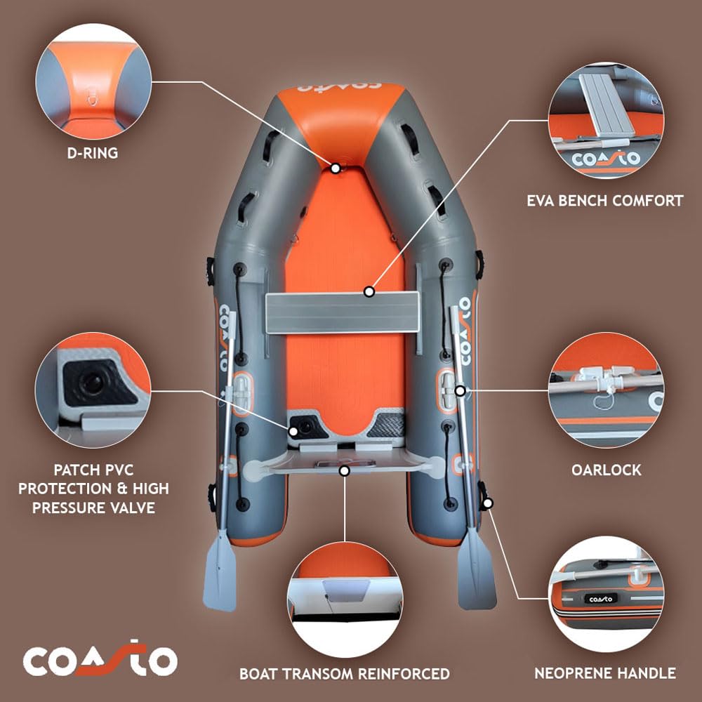 Coasto - Annexe Gonflable DS 270 - BT-CDS270D Bateau Pneumatique Plancher Dropstitch/Haute Pression - 4 Places, 270x140cm - Grande Stabilité - Pack 2 Pagaies, Pompe et Sac de Transport - Dark Grey