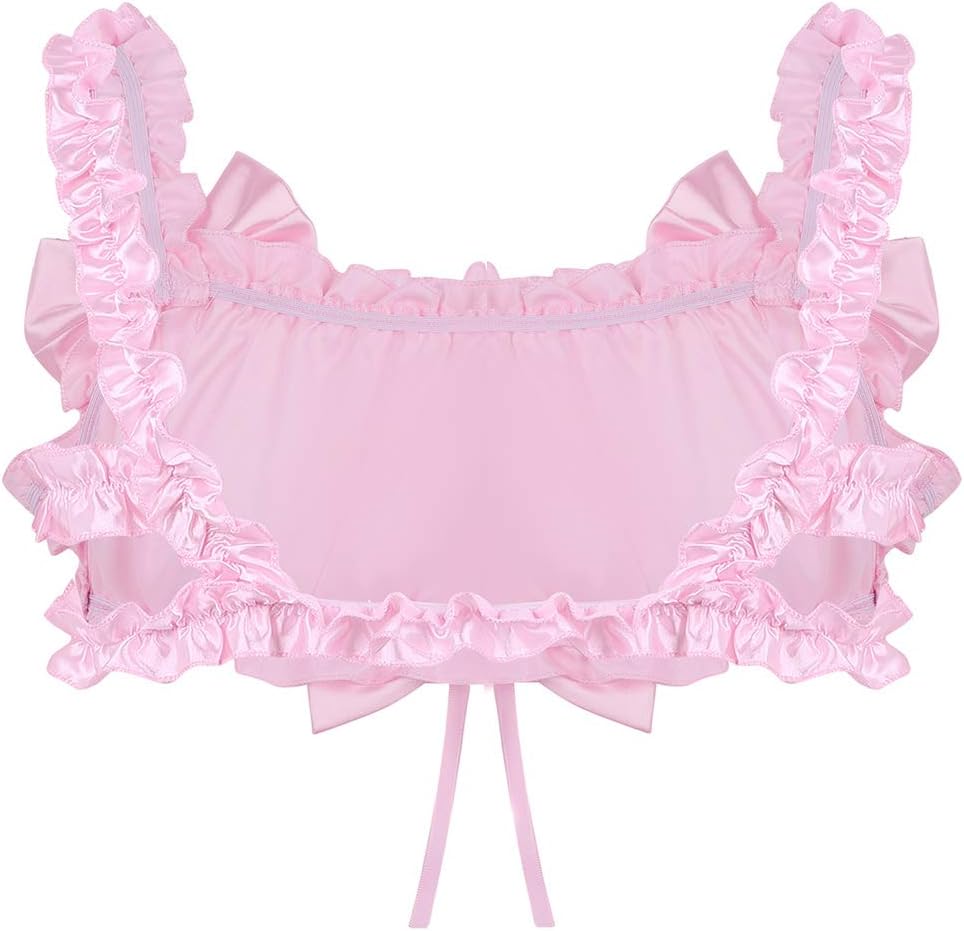 YiZYiF Adult Men's Shiny Satin Frilly Bralette Sissy Training Bra Crop Tops Lingerie