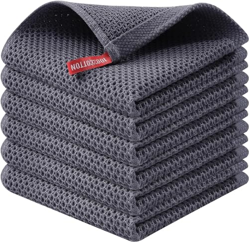 Image of 100% Cotton Kitchen Dish Cloths, 6 Pack Waffle Weave Ultra Soft Absorbent Dish Towels for Drying Dishes Quick Drying Kitchen Towels Dish Rags, 13.4 X 13.4 Inches (Dark Grey, Pack of 6)