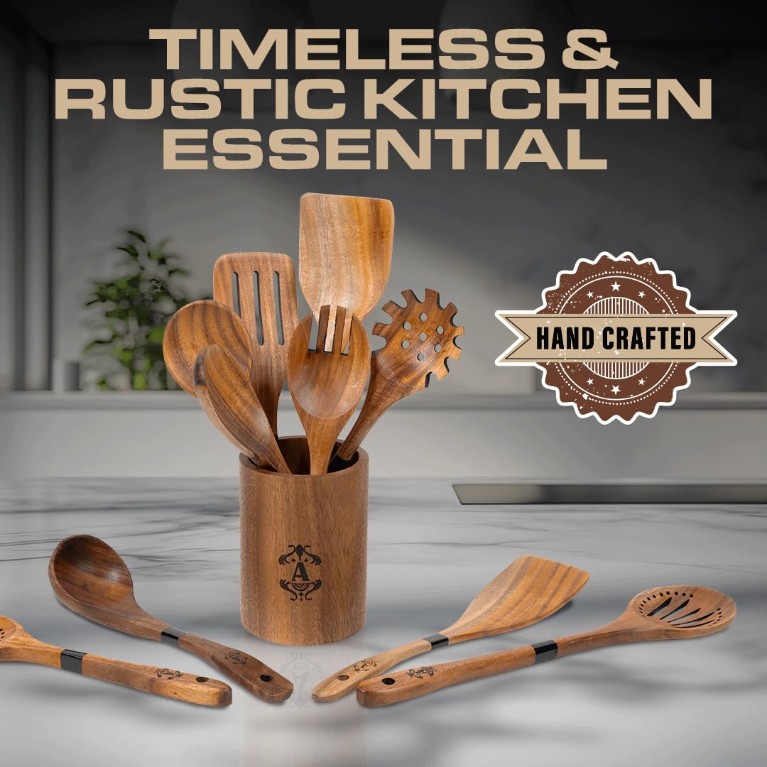 Armandine Teak Wooden Spoons for Cooking 11-Piece - Non-Stick & Non-Scratch Wooden Cooking Utensils Set - Heat Resistant Kitchen Utensils Set - Image 8