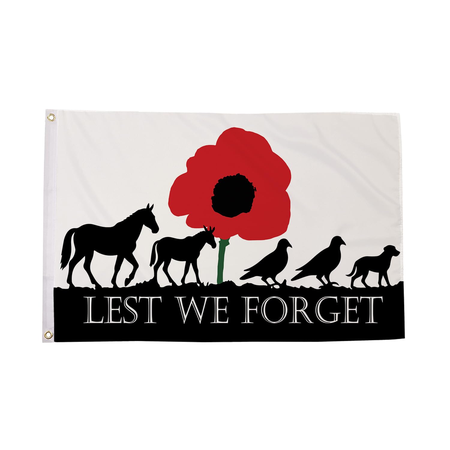 Flagtex Lest We Forget Animals Flag 5ft x 3ft (150cm x 90cm) Remembrance Day Poppy Animals in War | Premium Polyester Brass Eyelets | Veteran Memorial Display Banner