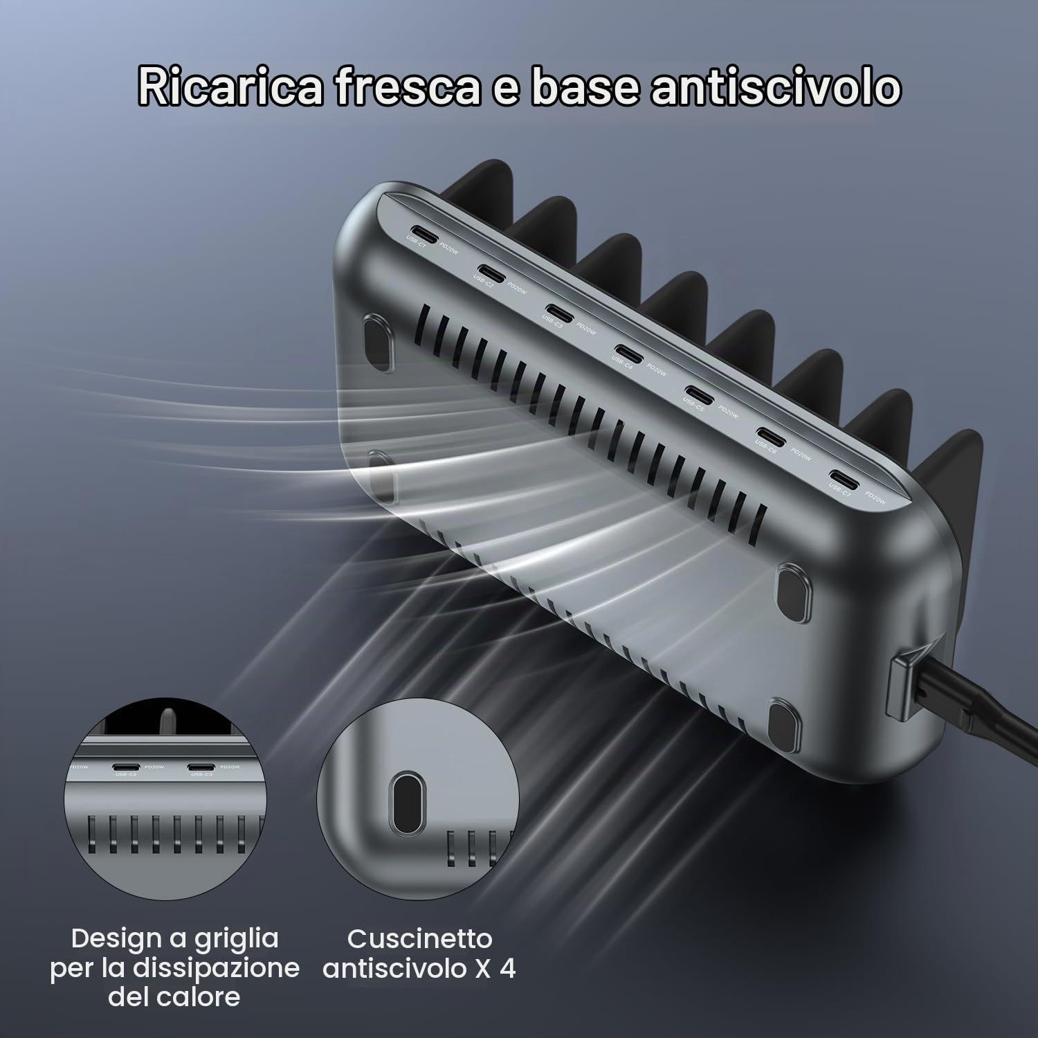 SooPii Stazione di ricarica USB C a 7 porte Premium da 140W per più dispositivi, ciascuna con ricarica rapida PD da 20W per telefono e tablet, 7 cavi misti inclusi, nero