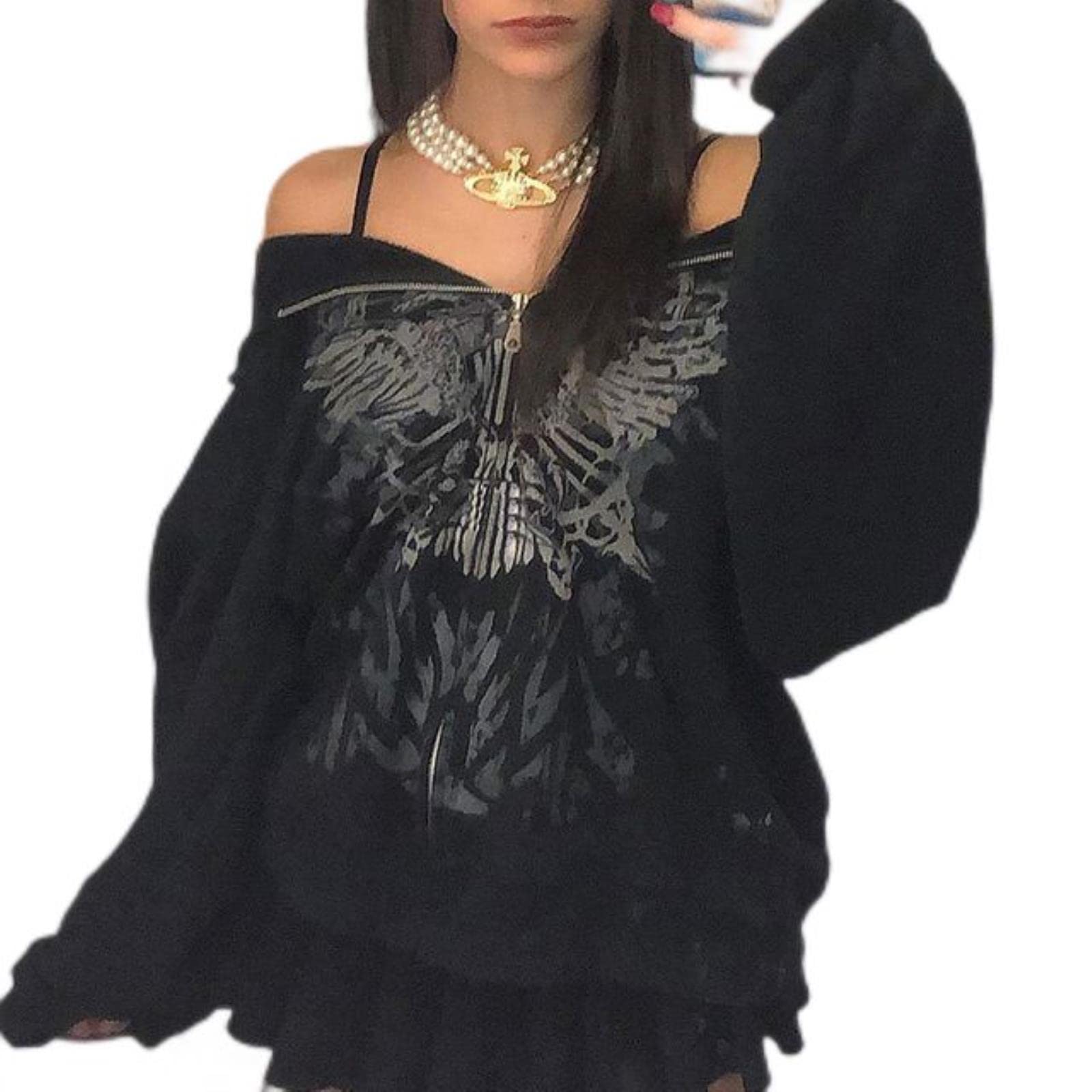 Wszjln Women's Black Butterfly Print Hoodies Gothic Long Sleeve Oversize Zip Up Hoodie Jacket Harajuku Hooded Sweatshirt Streetwear-,2Xl