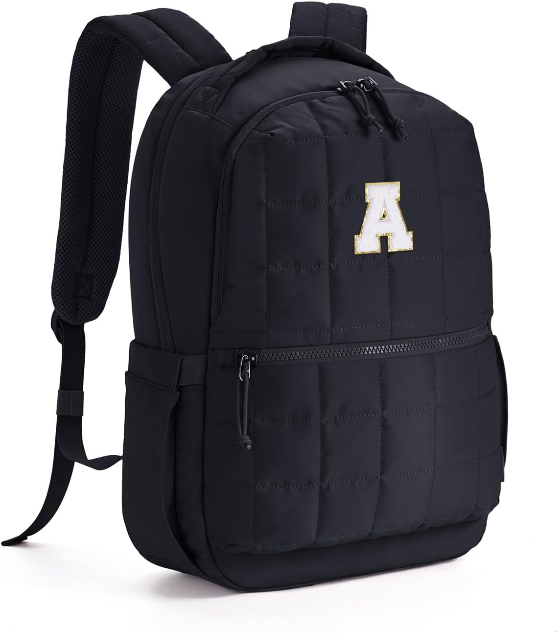 WANDF Initial Laptop Backpack for Women, Quilted Puffer 14 Inch College Backpack, Personalized Water-Resistant Travel Backpack Daypack (Black A)