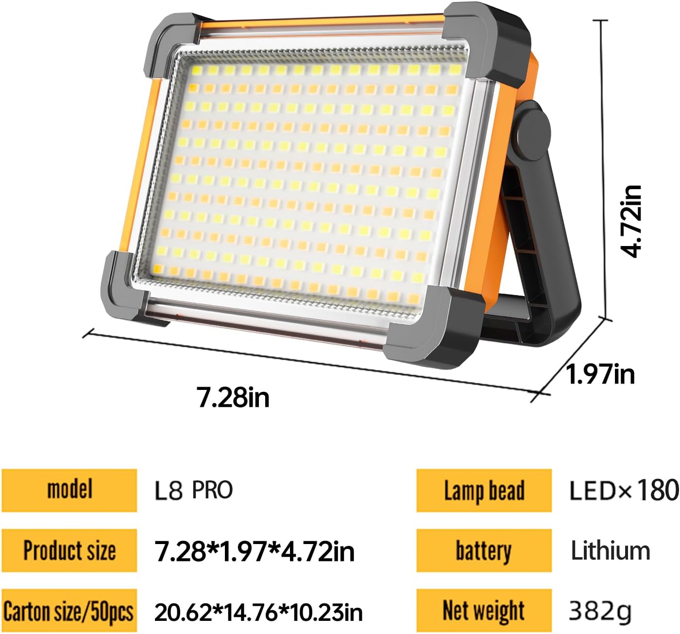 150W Solar Rechargeable Work Light, 180 LED 10000LM Portable Flood Light, IP65 Waterproof 3 Modes, with Stand, for Job Site Home Repair Camping Fishing Garage Workshop Emergency