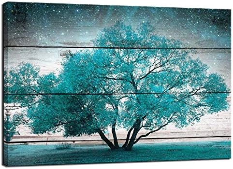 LevvArts - Canvas Prints Wall Art Teal Tree on Vintage Wood Style Wall Decor Modern Landscape Pictures for Living Room Bedroom Office Decor Stretched and Framed Artwork Ready to Hang