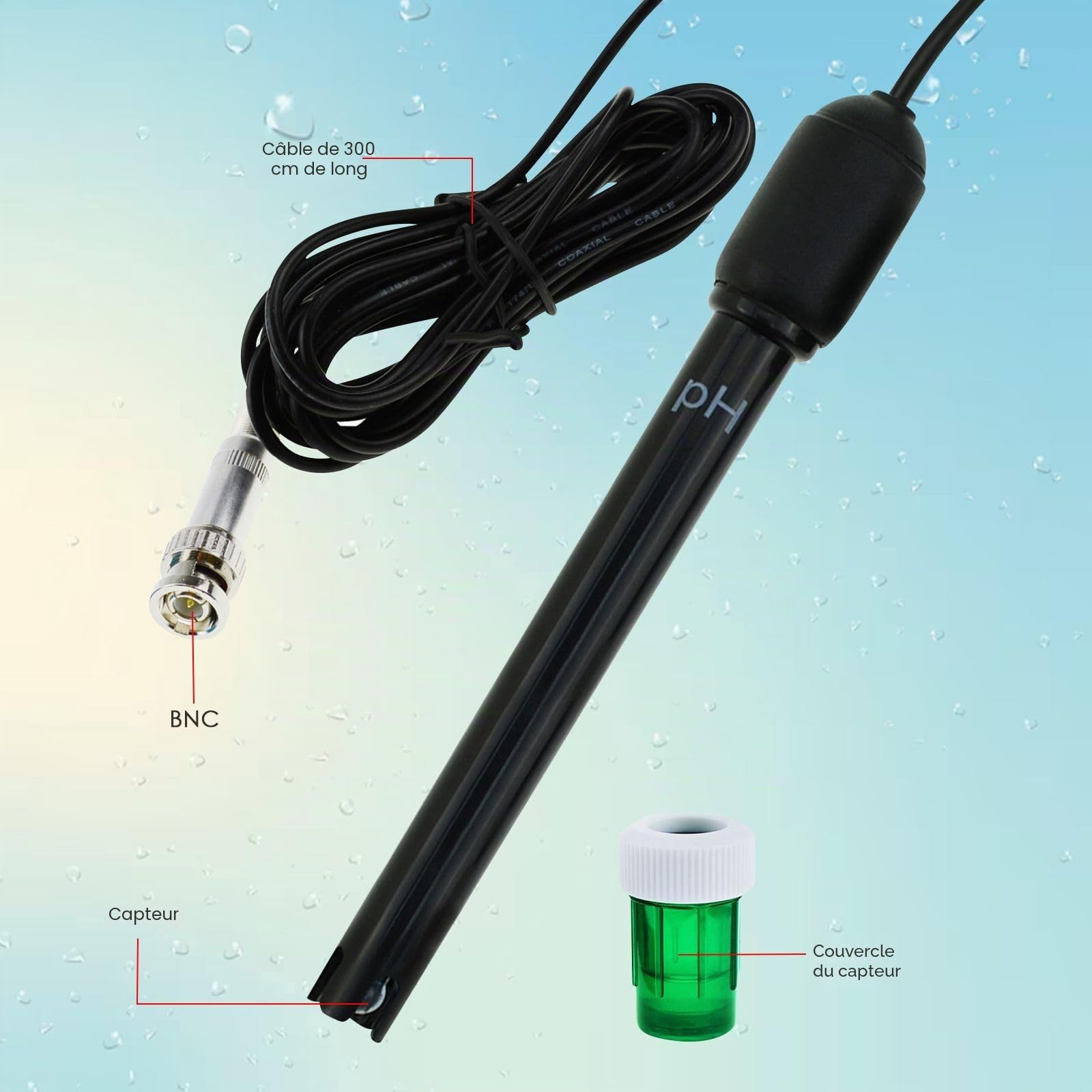 Longue Corps pH Électrode avec BNC Prise Sonde 300cm Câble 0-14pH pour pH Mètre, pH Manette pH Dispositif Économique Capteur