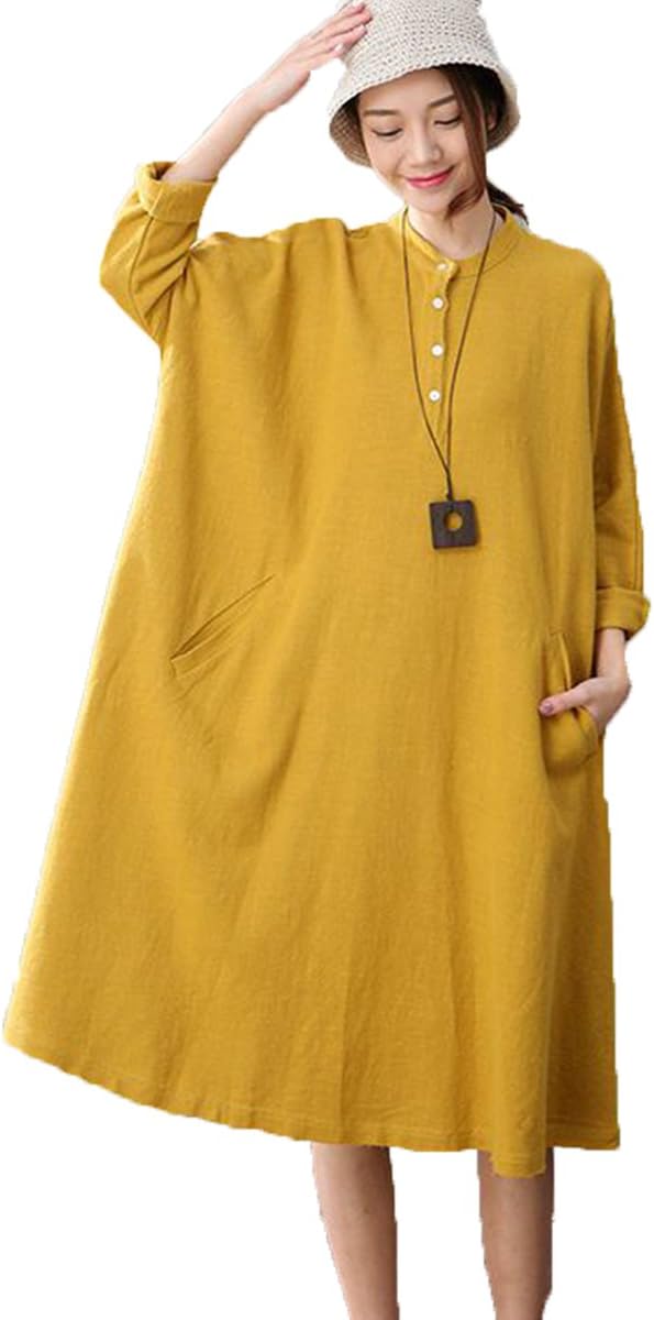 Yellow Linen Casual Dress for Womens