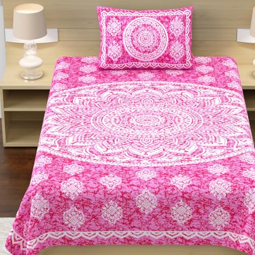 Image of RajasthaniKart Pure 100% Cotton Single Bed Sheet with 1 Pillow Cover (Bedsheet for Single Bed Cotton, Pink Star)