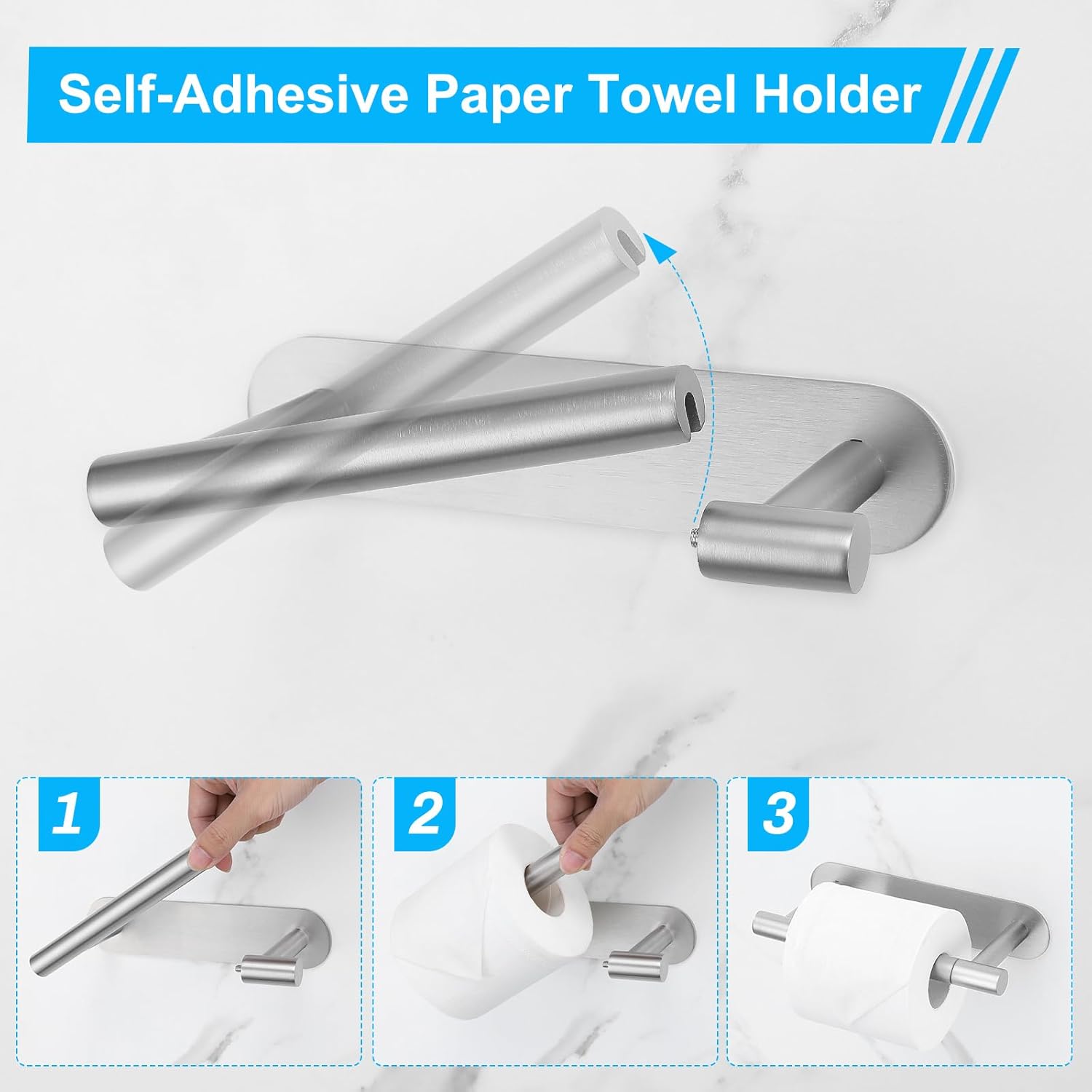 2 Pieces Self Adhesive Brushed Nickel Toilet Paper Holder, Commercial Toilet Paper Dispenser Toilet Roll Holder, Double Base Paper Towel Holder Wall Mount No Drilling for Bathroom, Kitchen