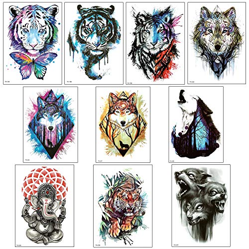 10 Sheets Arm Temporary Tattoo Stickers for Men and Women, Tiger, Wolf Chest Shoulder Tattoos, Guys Teens Waterproof Fake Tattoos