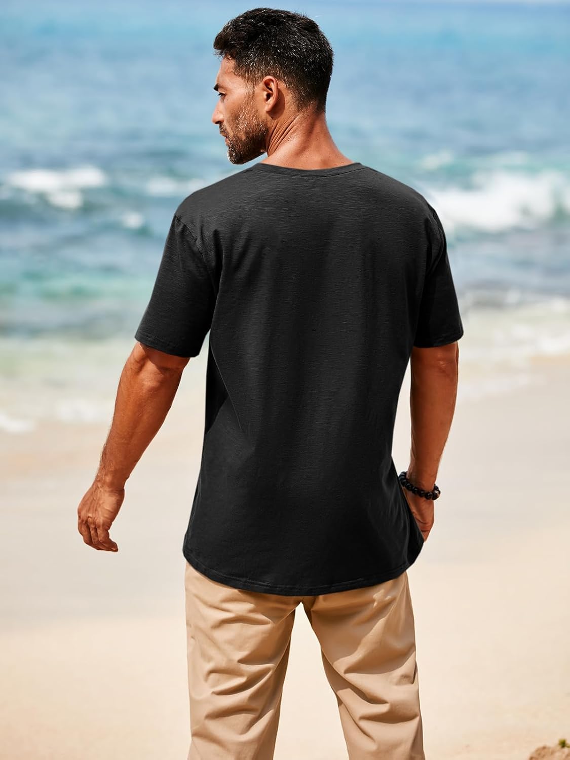 Runcati Mens Casual T Shirts Short Sleeve V Neck Linen Henley Shirt Button Basic Fashion Summer Beach Tee Tops - Image 4