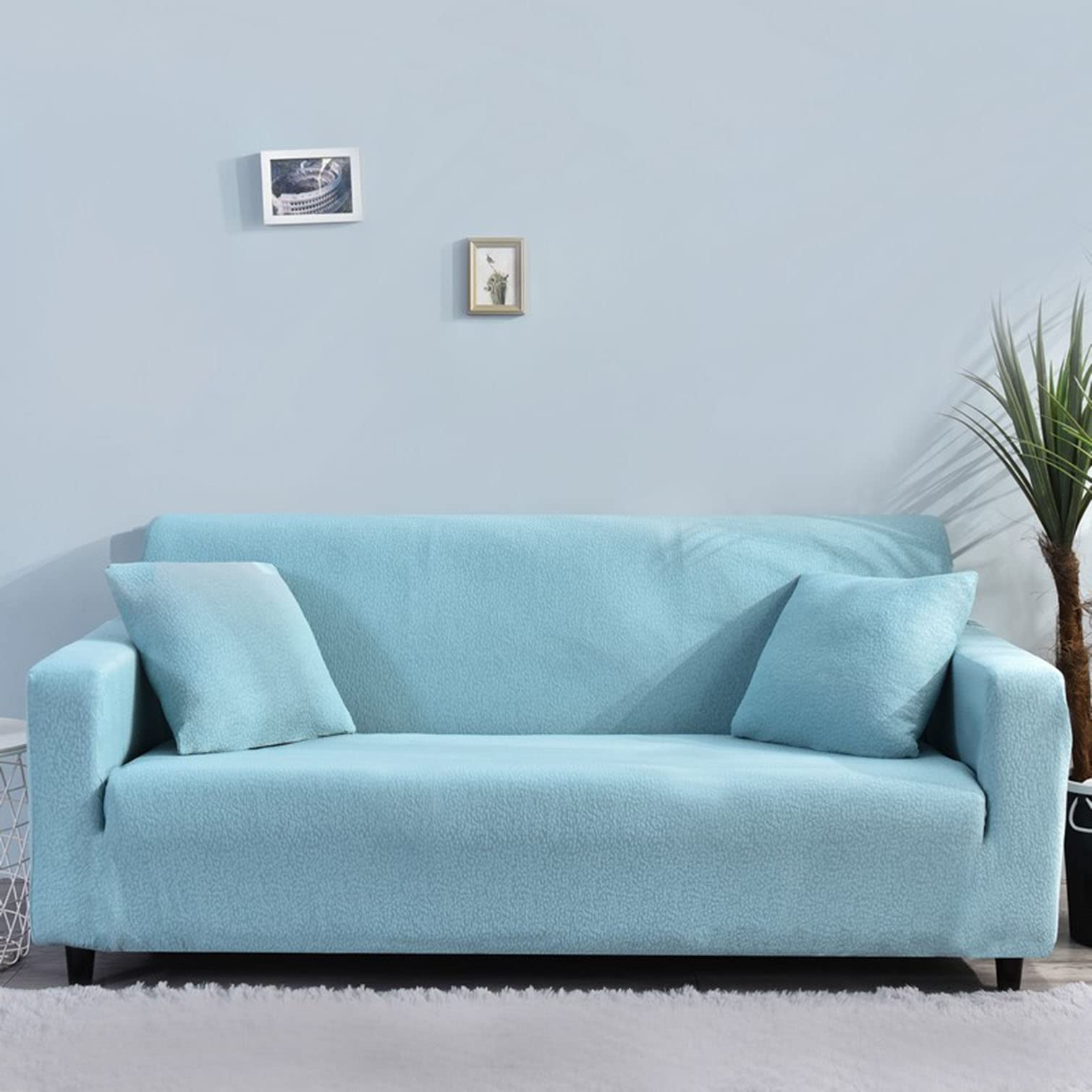Housse de canapé extensible bleu clair en élasthanne pour canapé L