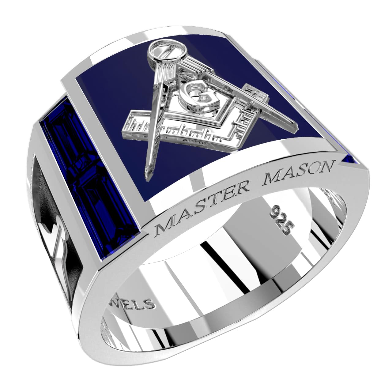 US Jewels Men's 925 Sterling Silver Lab Created Lapis & Sapphire Master Mason Masonic Ring