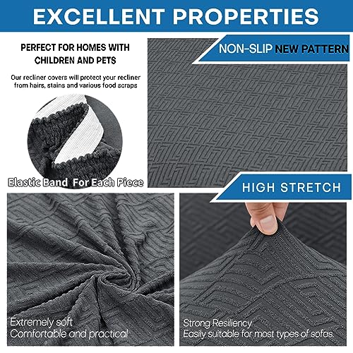 XINEAGE 4-Piece Recliner Cover Stretch Jacquard Slipcover with Pocket, Washable Recliner Chair Protector for Kids, Pets, Dogs, Cats (Dark Gray)