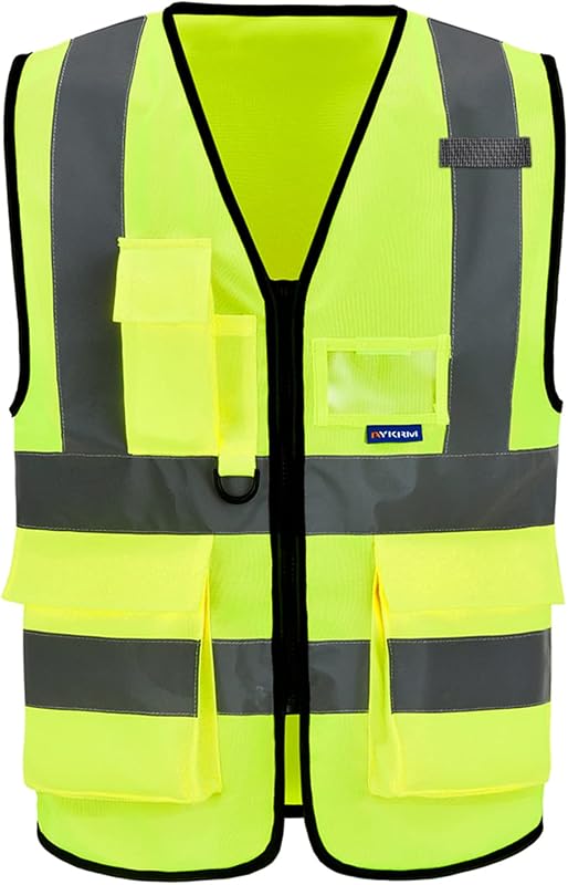 Chaleco de alta visibilidad Clase 2 estándar ANSI/ISEA, lengüetas de micrófono, cremallera, amarillo, XL | Chaleco de seguridad Clase 2 XL amarillo con 7 bolsillos, cremallera frontal negra y tiras reflectantes para topografía; para hombres y mujeres.