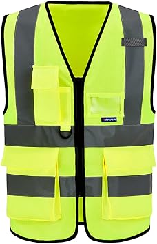 A-SAFETY 7pocket High Visibility Safety Vest Zipper, Construction Vest Reflective Strips ANSI/ISEA Standards for Motorcycle, Running,work, Bicycle Riding Outdoor Activities, Yellow