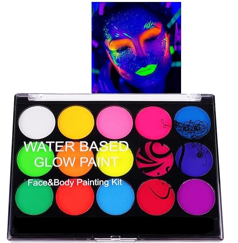 URAQT Pintacaras Infantil, 15 Colores UV Fluorescente Pintura Cara Niños Hipoalergenica, Neon Pintura Facial y Corporal Seguridad No Tóxica, Maquillaje para Niñas Halloween Festival Fiesta Cosplay
