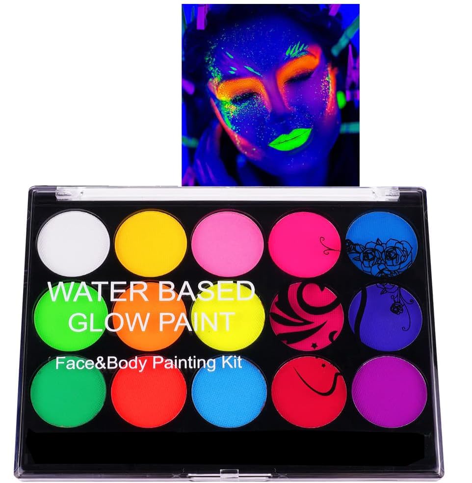 URAQT Pintacaras infantis, 15 cores UV fluorescente pintura facial crianças hipoalergénica, néon pintura facial e corporal segurança não tóxica, maquilhagem para meninas Halloween festival festa