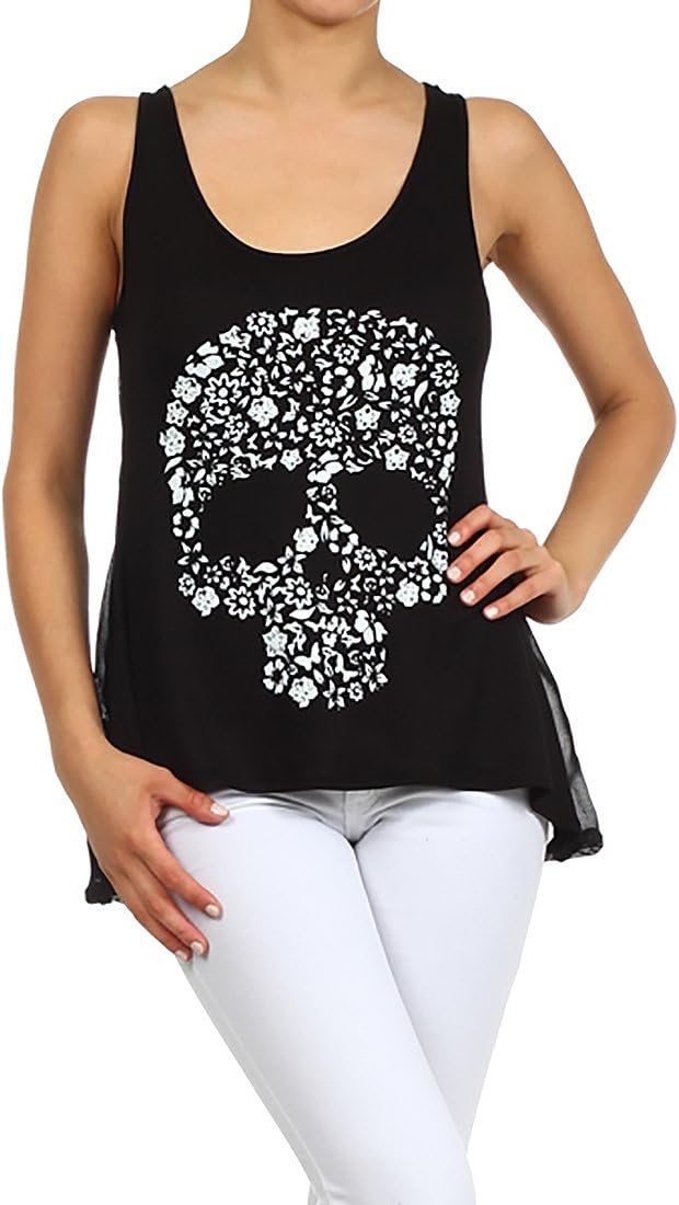 Cute Floral Skull Print Burnout Back Sleeveless Tank Top T Shirt - TIJU (Small, Black)