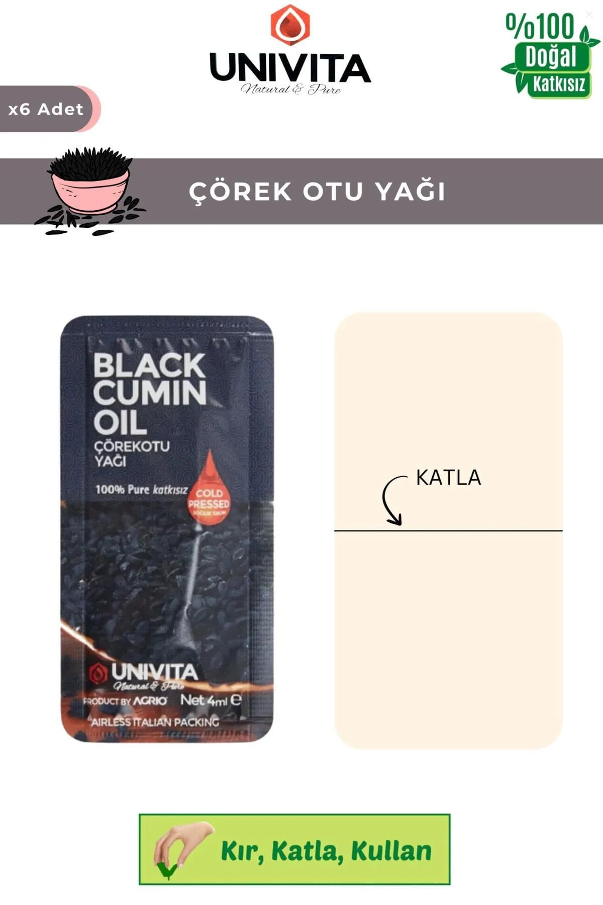 UNIVITA %100 Doğal Katkısız Çörek Otu Yağı - Saç Güçlendirici/Black Cumin Oil 4ml X 6 Adet