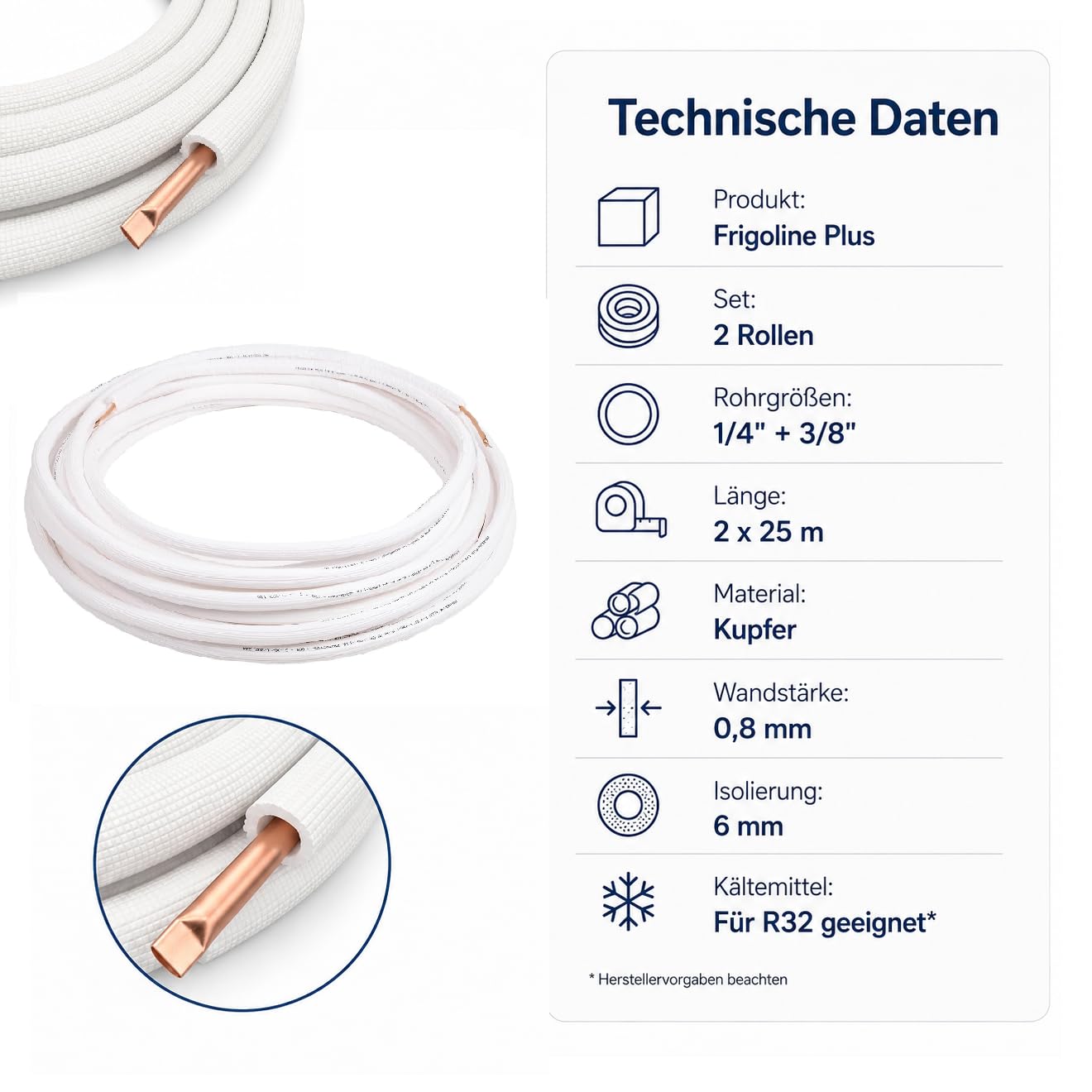 Kältemittelleitung 1/4" + 3/8" 25 m Kupferrohr Kupferleitung | 6 mm Isolierung | Klimaanlage Rohr für Kältemittel R32 | Kühlrohr Frigoline Plus | 2 Rollen