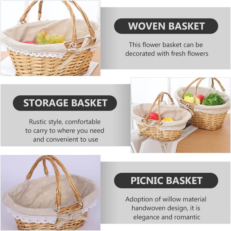 Handwoven Willow Picnic Basket with Adjustable Handle - Rustic Wicker Storage Basket for Wedding Flowers Outdoor Events Home Decoration 14.5X11.8X6.7 Inches