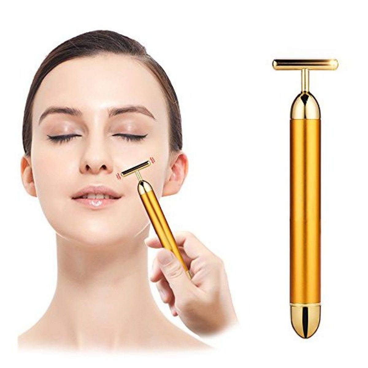 HEVIR 24k Gold Energy Beauty Bar - Electric Vibration Facial Massage Roller, Waterproof, T-Shaped Anti-Wrinkle Massager for Forehead, Cheek, Neck, Clavicle, Arm