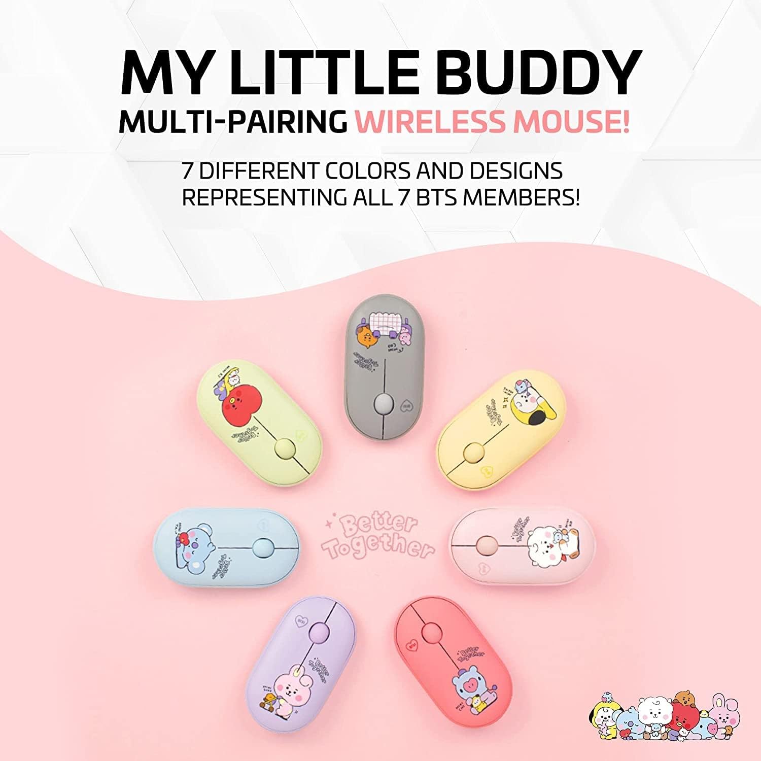 BTS Inspired Characters Multi Pairing Wireless Mouse, Little Buddy Baby Better Together Edition, All in Their Own Cute Style & Colors (SHOOKY)