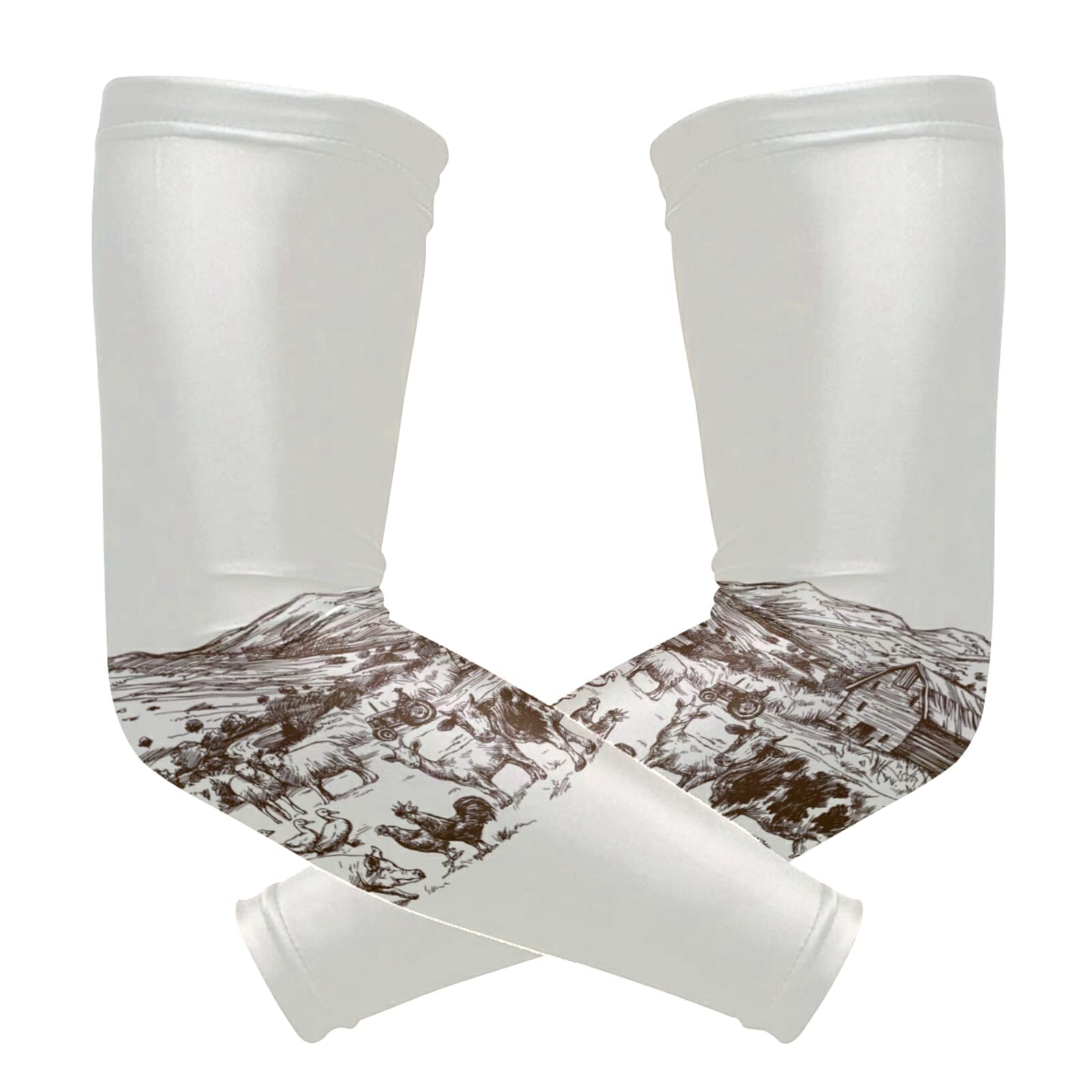 Retro Hand Drawn Farm View Animals Cow Pig Rooster Sheep Ducks 1 Pair Cooling Sports Arm Sleeves, Cover Uv Sun Protection Warmer for Sports Men Women Running Golf Cycling Riding Jogging