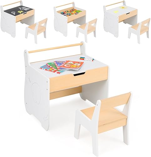 Miniatura 10 de Costzon Juego de mesa y silla para niños, mesa de arte con rollo de papel, cajón, 2 rotuladores, mesa de actividades de madera, adecuada para sala
