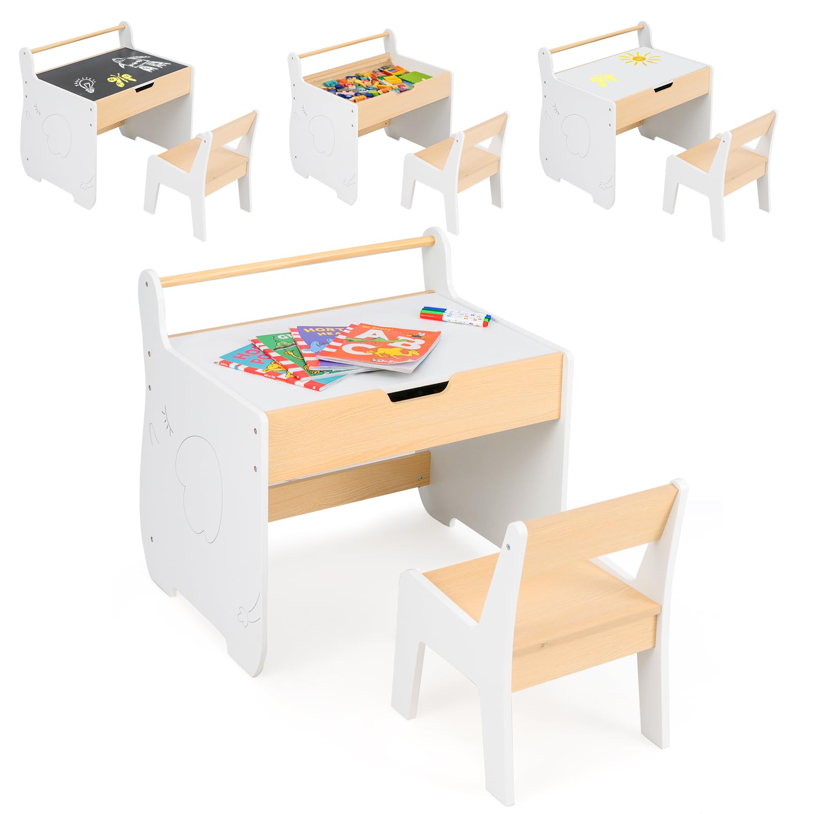 Costzon Kids Table and Chair Set, Wooden Multi-Activity Table with Blackboard, Whiteboard, Paper Roll Holder for Art, Craft, Toddler Table and Chair
