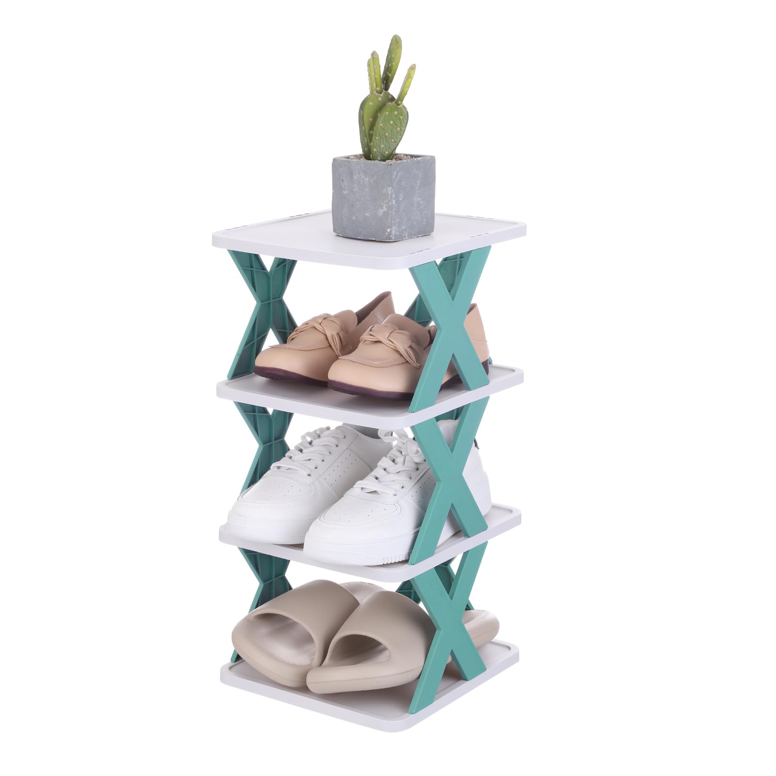 sourcing map 4-Tier Plastic Shoe Rack, Vertical Shoe Rack Stackable Storage Organizer Folding Space-Saving Narrow Slot Shelf for Closet Livingroom Entryway Garage, Blue/White